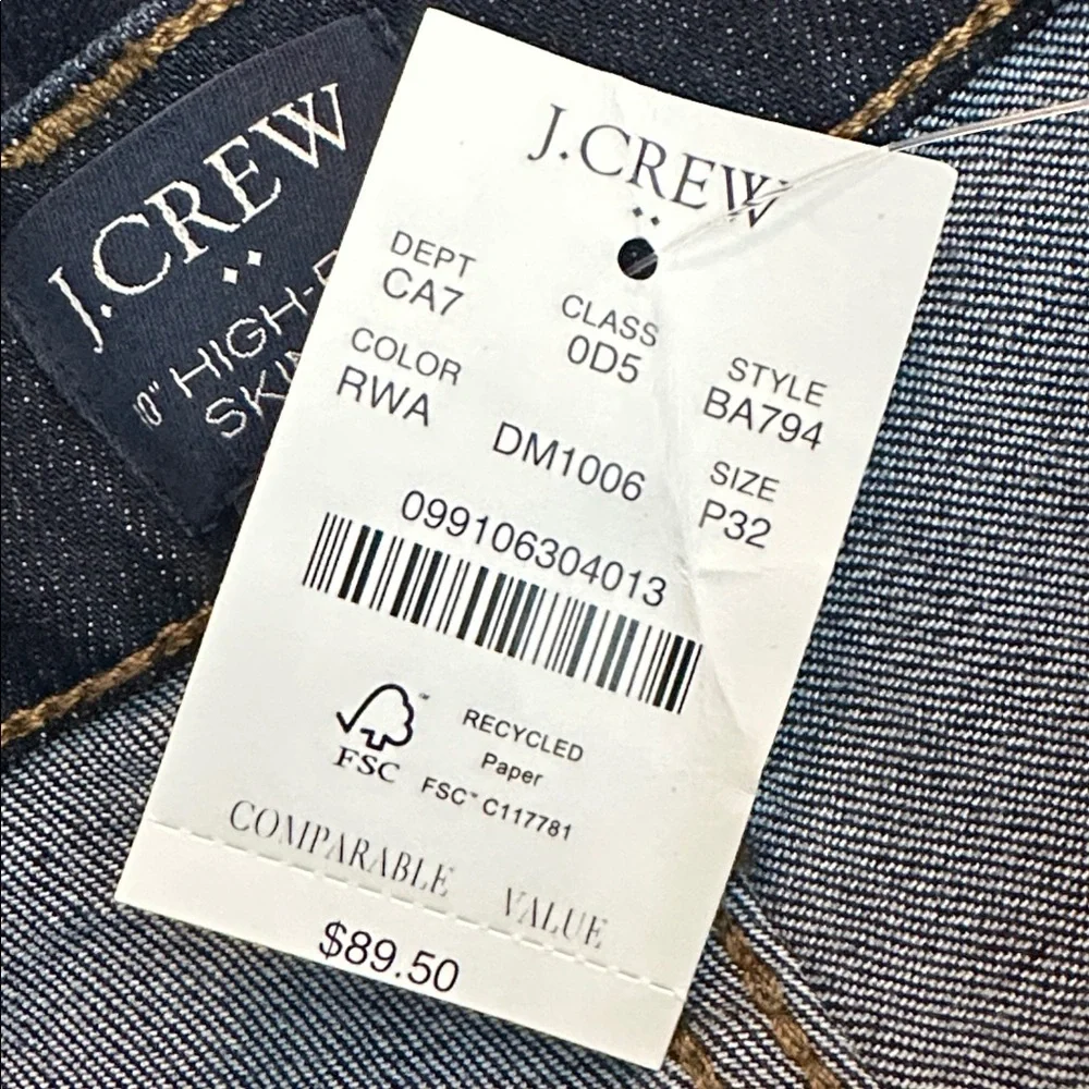 NWT J. CREW 10” High Rise Skinny Dark Wash Signature Stretch 32 Petite